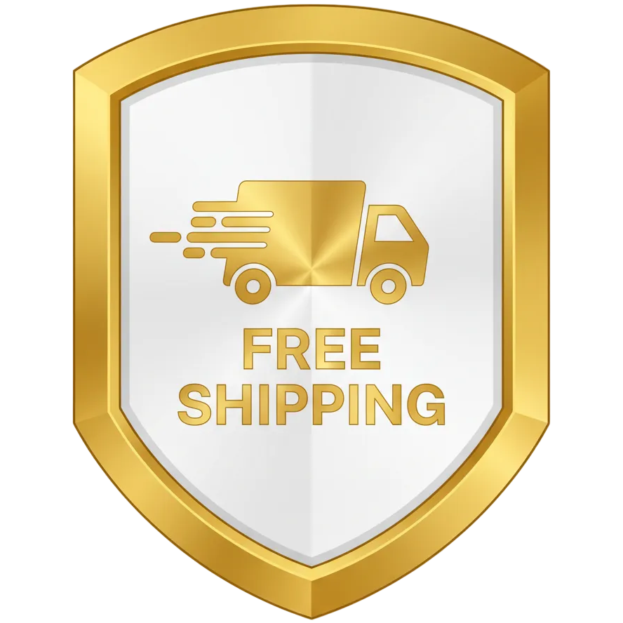 Gold shield with free shipping icon and text on a white background
