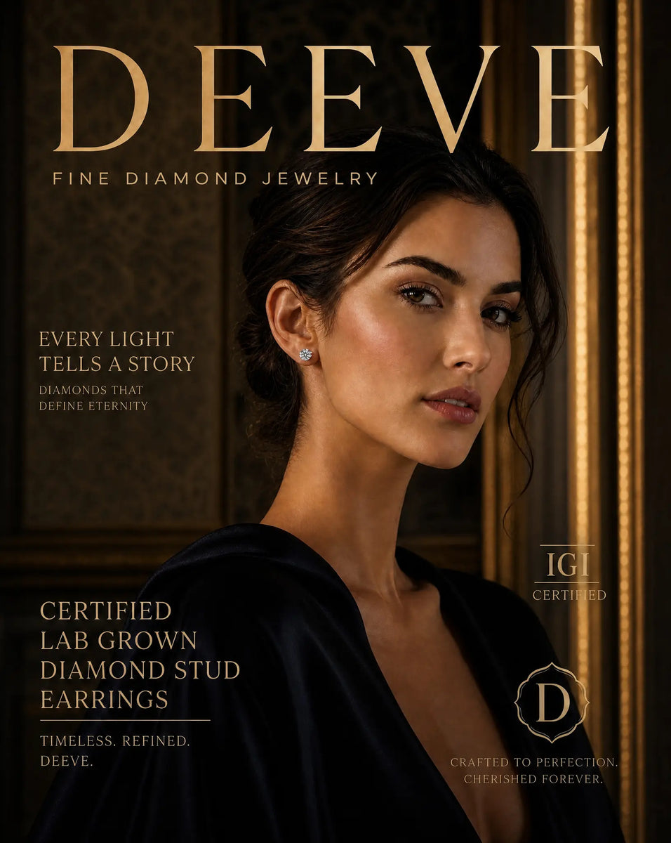 Advertisement for Deeve fine diamond jewelry featuring a model wearing earrings.
