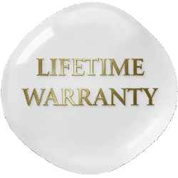 Round white sticker with 'LIFETIME WARRANTY' text in gold on a white background