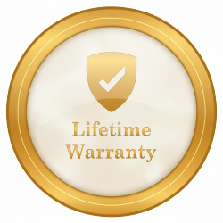 Circular badge with 'Lifetime Warranty' text and gold shield icon on a white background