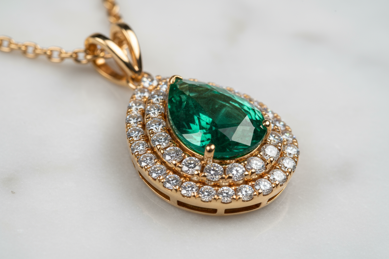Pear-shaped Colombian emerald necklace with correct diamond facets and natural reflections