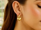 14K Yellow Gold Puffy Heart Dangle Huggie Hoops Earrings