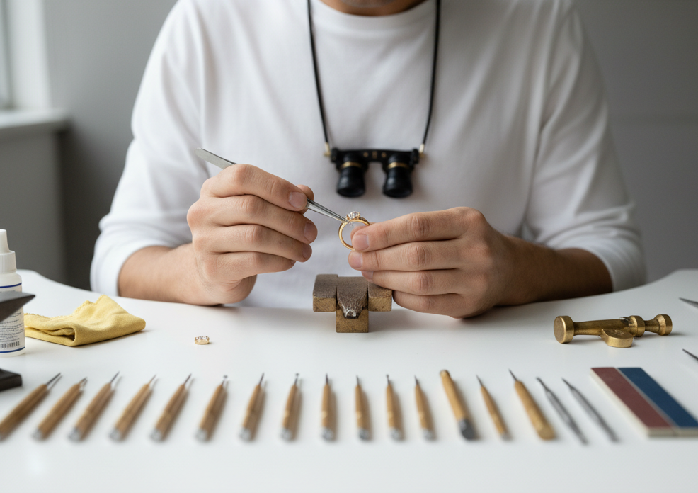 Professional jeweler workspace with fine gold jewelry craftsmanship