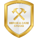 Logo of Repair & Care Studio with a shield and tools design.