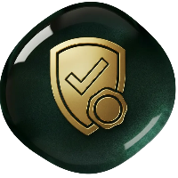 Gold shield emblem with a check mark on a green background