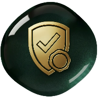 Black button with gold emblem featuring a check mark
