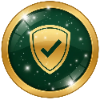 Green badge with a gold checkmark on a dark green background