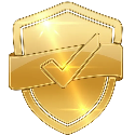 Gold shield emblem with a check mark on a white background